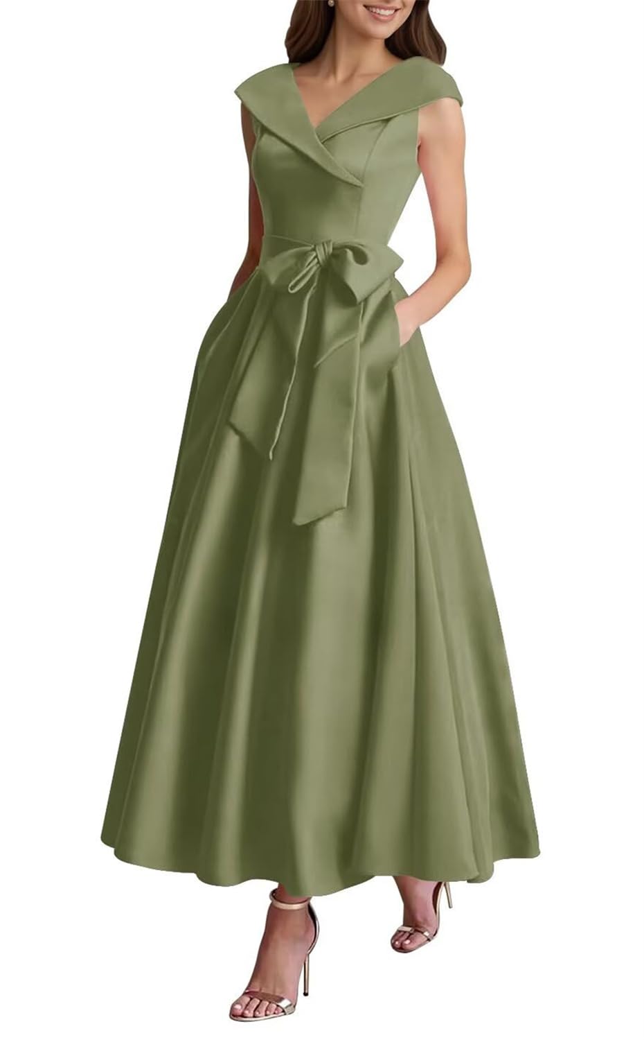 KIYNE Elegant Mother of the Bride Dresses for Women Sleeveless Ankle Length Satin Formal Gown V Neck Evening Dress UK18 Olive Green