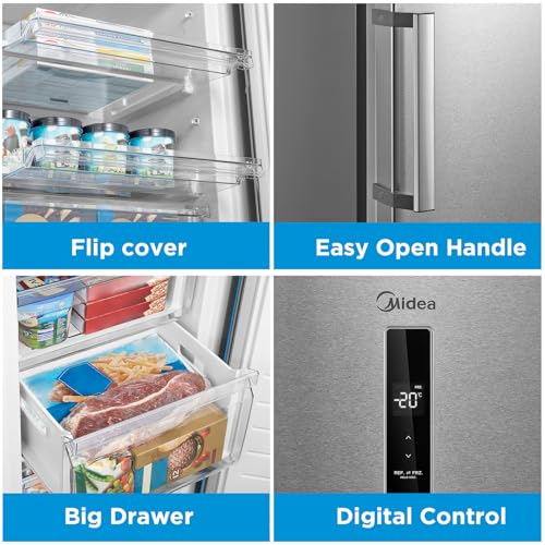 فريزر ميديا عمودي قابل للتحويل بسعة 333 لتر إجمالي و238 لتر صافي، خالي من الصقيع مع تقنية التجميد السريع، تحويل من فريزر إلى ثلاجة بزر ضغطة واحدة، تحكم إلكتروني MDRU333FEE46AE