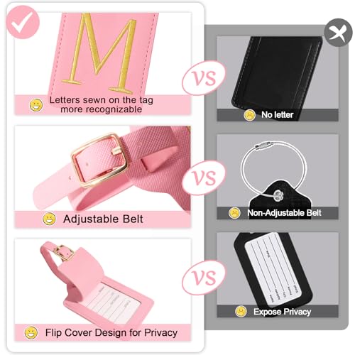 Personalized Initial Luggage Tags for Suitcases, Cute PU Leather Embroidered Letter Travel Luggage Tags, Suitcase Identifier Name Baggage Tag, Bag Tags for Men Women Kids Luggage Handbags(Pink M)