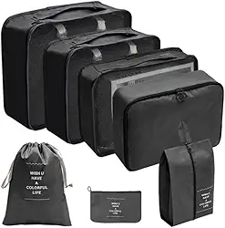 Kit Organizador de Malas para Viagem 7 Peças Bolsas Necessaire Sapatos Maquiagem Roupas Bagagem Organizada Conjunto Organizador Completo Premium (Preto)