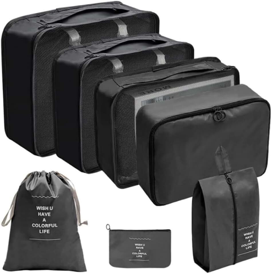 Kit Organizador de Malas para Viagem 7 Peças Bolsas Necessaire Sapatos Maquiagem Roupas Bagagem Organizada Conjunto Organizador Completo Premium (Preto)