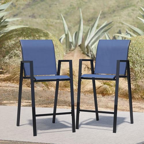 Outdoor Patio Bar Stools Set of 2, All Weather Textile Chairs for High Top Patio Table, Tall Outdoor Bar Chairs for Backyard, Lawn Garden, Balcony, Blue
