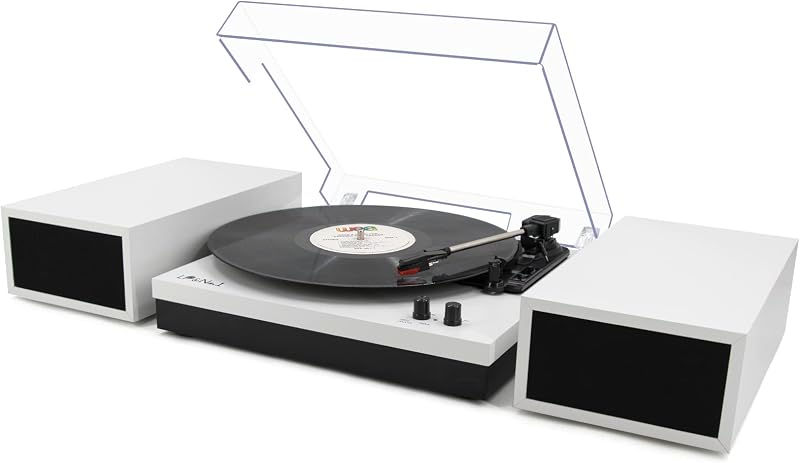 LP&No.1 Vinyl Record Player with Speaker & Belt-Drive Turntable Bluetooth | Vintage Wood Record Player 33/45/78 Turntable & RCA Output & Auto Off for Beginner, Entertainment & Home Decor, White Leather