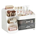 HuaCommerce Großer Makeup Kosmetik Organizer mit Schubladen – 3-in-1 Aufbewahrungsbox für Pinsel & Kosmetik, stylischer weißer Aufbewahrungskasten für Ordnung und Stauraum auf dem Schminktisch