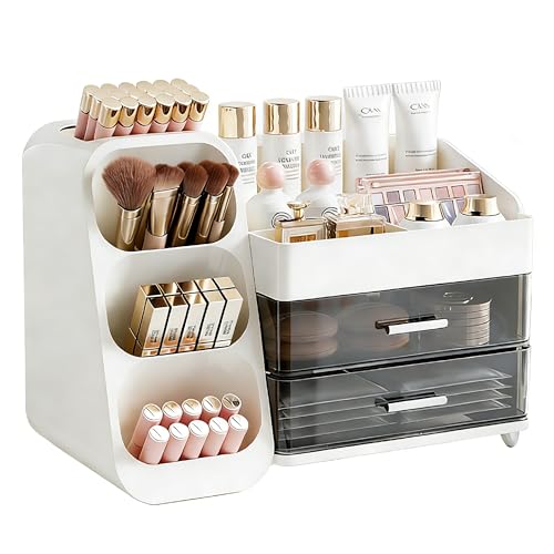 HuaCommerce Großer Makeup Kosmetik Organizer mit Schubladen – 3-in-1 Aufbewahrungsbox für Pinsel & Kosmetik, stylischer weißer Aufbewahrungskasten für Ordnung und Stauraum auf dem Schminktisch