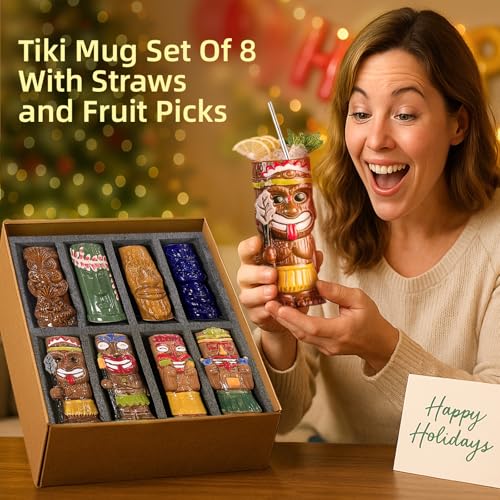 SUN GKOTTA Cocktail Tiki Mugs Set Of 8 - Exotic Frosted Mug With 8/ pack Straws And Fruit Picks，Cute Ceramic Cocktail Glasses For Hawaiian Style Party，Tropical Cocktails Drinkware For Tiki Bar by SUN GKOTTA - Image 6