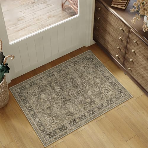 2x3 Washable Brown Vintage Area Rug for Entryway Non-Slip Low Pile Traditional Carpet Retro Distressed Soft Thin Door Mat Small Accent Throw Rug for Kitchen Entrance Bathroom