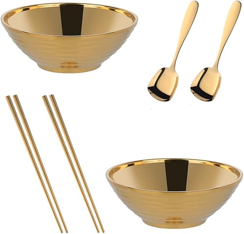 DOBUYOO Juego de tazones de sopa de fideos japoneses para ramen, 2 juegos (8 pulgadas) dorado de doble capa de acero inoxidable 188 con palillos y