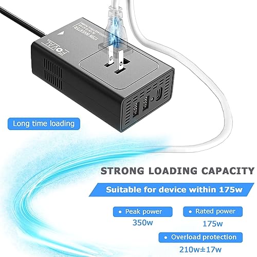 Upgraded FOVAL 175W Power Inverters for Vehicles DC 12V to 110V AC Converter Car Adapter Plug Outlet with [PD USB-C] Multi USB Ports Car Inverter Charger for Laptop Computer