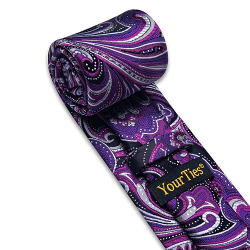 Image of YourTies Silk Paisley Floral Tie and Pocket Square Cufflinks with Lapel Pin Sets for Men 5PC Wedding Party