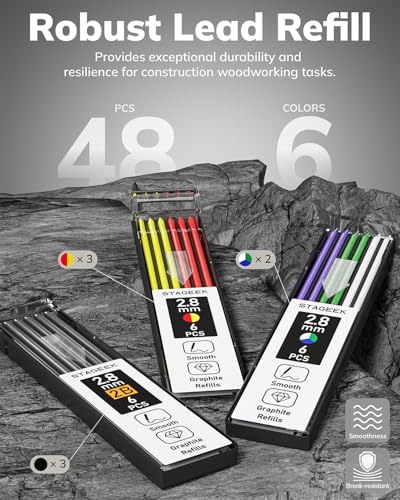 Image of STAGEEK 4PCS Carpenter Pencils with Sharpener, Heavy Duty Woodworking Pencils, Mechanical Carpenter Pencil with 52 Refills, Deep Hole Long Nib Marker Pens for Architect Construction Marking with Case
