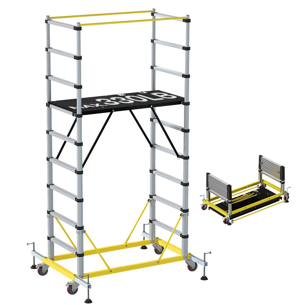 Aluminum Scaffold Tower, Multipurpose Rolling Scaffolding Work Platform, Utility Scaffolding Tower, Adjustable Work Platform with Hatch Deck and Guard Rail, 500 Lbs Duty Rate