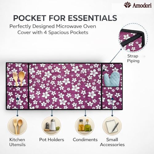 Image of Microwave Oven Top Cover 35x100 cm | Wipe Clean Fabric | 4 Utility Pockets (Floral-19)