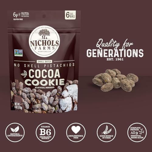 Image of Nichols Farms Pistachios - Fresh Roasted No Shell Pistachio - Nutrient Rich Nuts Snack Packs - Non-GMO, California Grown - Healthy, Wonderful Tasting, Party Snack - (Cocoa Cookie)