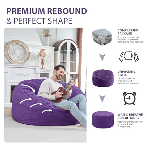 5FT Bean Bag Chair, Large Bean Bag Chairs with Memory Foam Filled, Fluffy Beanbag Sofa with Dutch Velvet Cover, Round BeanBag Chairs for Living Room, Playroom - Purple