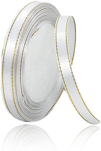 Miniatura 1 de Cintas de satén blanco de 38 pulgadas x 25 yardas, cinta de tela con bordes dorados para envolver regalos, manualidades, ramos florales, lazos para