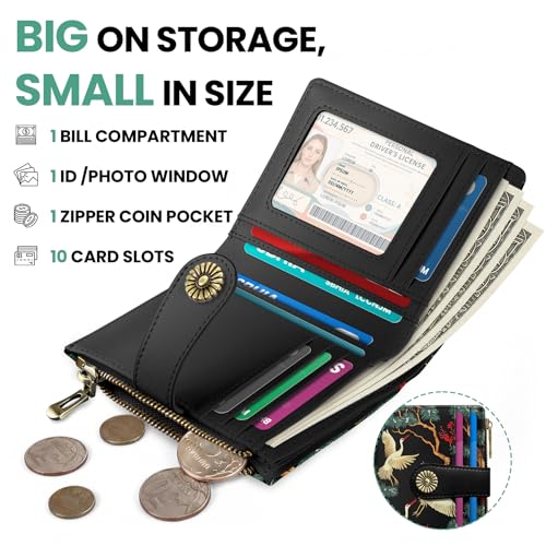 Image of Small Wallet for Women, RFID Blocking Bifold Card Holder Wallet with 10 Card Slots, Cash Compartment, Zipper Coin Pocket & ID Window, Cute Soft Vegan Leather Compact Wallet, Crane