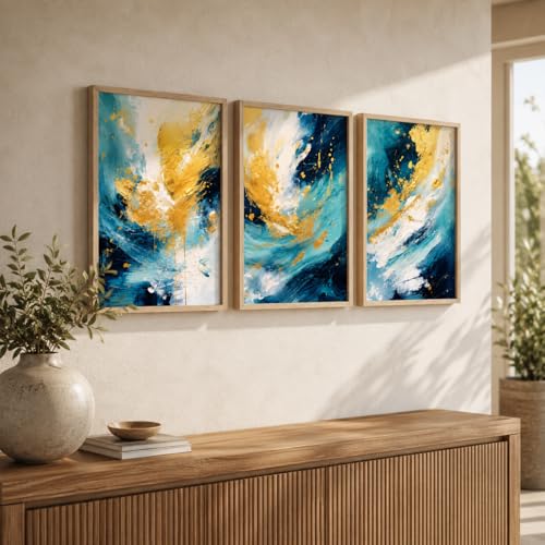 Image of Livin'luxe Set of 3 Blue Gold Abstract Wall Photo with Frame for Living Room Bedroom Hall Office Decor, Premium Wooden Synthetic Frame Modern Artwork Gift