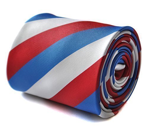 Red Blue and White Striped Tie for Men with Signature Floral Design on Rear, Classic width of 8cm and 147cm Long, Fine Tailored Necktie for Office, Weddings and Events