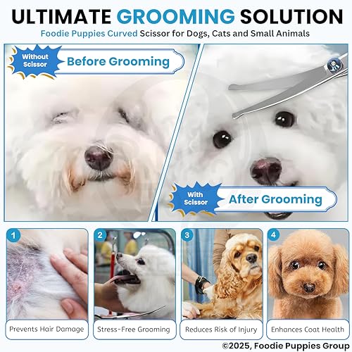Image of Foodie Puppies Curved Grooming Scissors for Dogs & Cats I Stainless Steel Pet Hair Trimmer with Safe Round Tips for Face, Ear & Paw Grooming Tool for Home & Professional Use