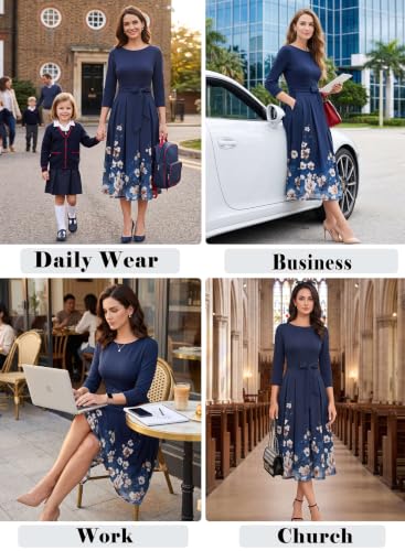 Image of VFSHOW Womens Work Business Casual Church Pockets Belted A-Line Midi Dress