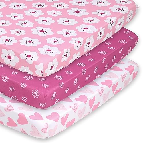 Image of The Peanutshell Mini Crib Fitted Sheets Set for Girls, Playard, Pack Play Sheets, Playpen, Pink Floral Hearts