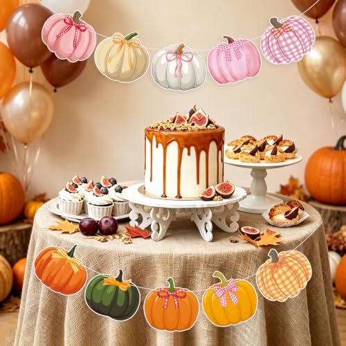 Image of Bow Pumpkin Banner Fall Thanksgiving Pumpkin Party Banner Garland Sign | Orange Pink Fall Autumn Birthday Party Thanksgiving Home Fireplace Mantel Decor