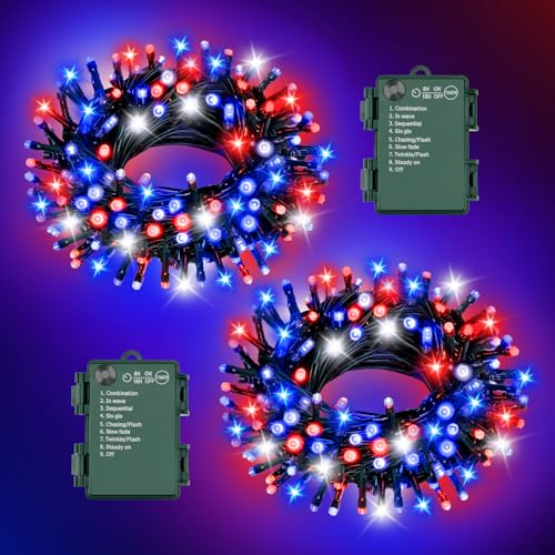 Ffzzkj Red White And Blue Lights String For 4Th Of July Decorations Outdoor Total 100Led 33Ft Battery Operated With Timer 8 Modes Waterproof 50Led*2 For Memorial Day Decorations Patriotic Decor 2-Pack