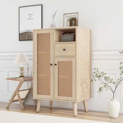 Credenza Moderna In Noce Con Ante In Rattan: Comò 3 Ante Con Gambe In Metallo Per Soggiorno O Camera Da Letto. Dimensioni: 129,8x40x76 Cm