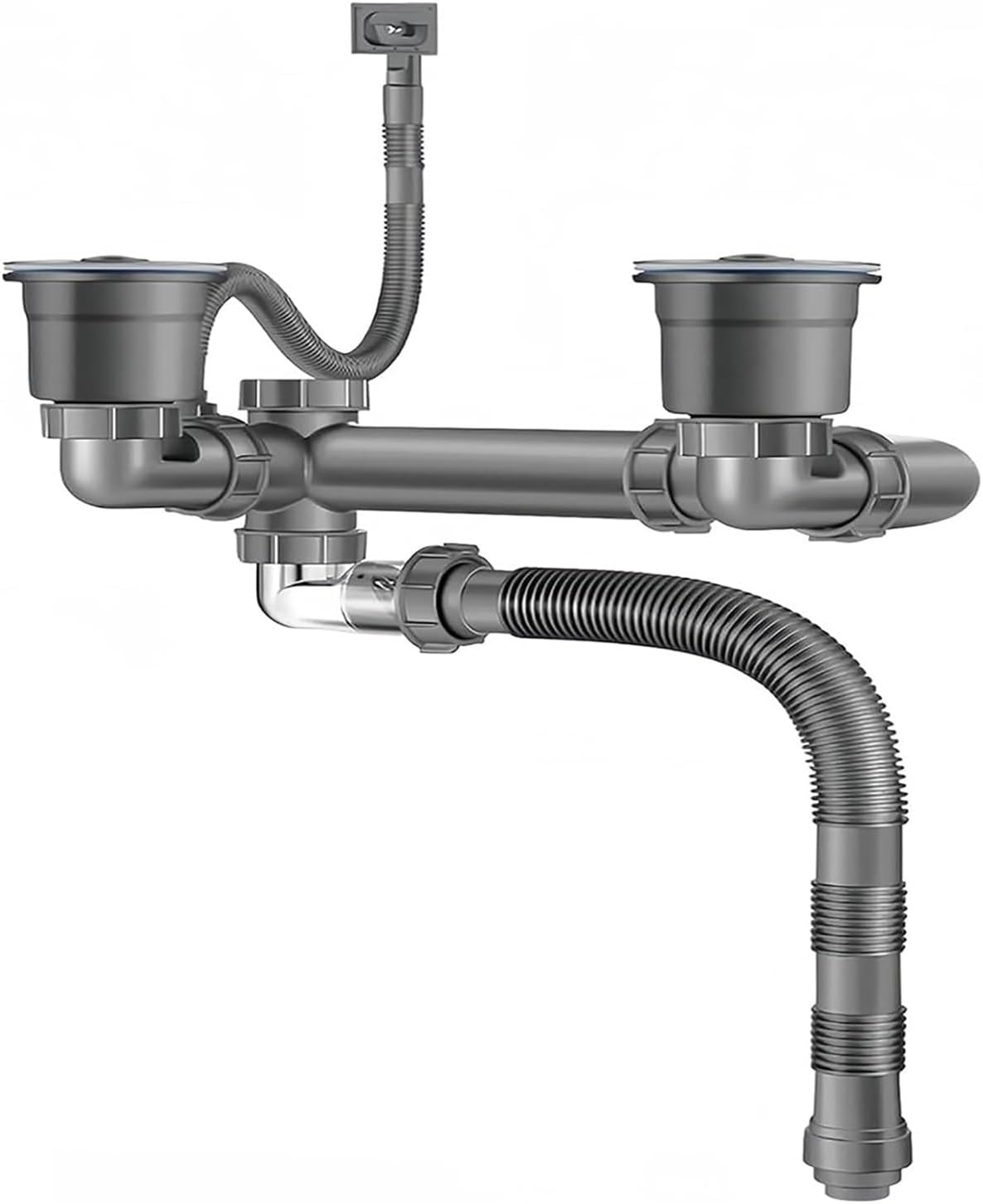 Double Sink Drain Kit, with Flexible Hose, Anti-Odor U-Bend Drainage System Sewer Pipe, for Kitchen Sink