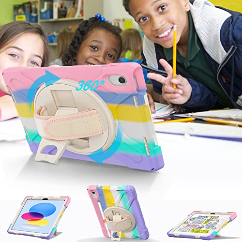 Weuiean Case For Ipad 10Th Generation 10.9” With Stylus, Ipad 10Th Case 2022: Military Grade Heavy Duty Shockproof Cover -Pencil Holder -Rotating Stand -Hand/Shoulder Strap - Colorful Pink #TOP1