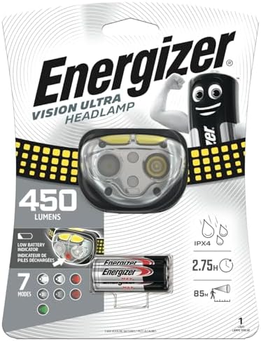Energizer Vision Ultra LED Headlight - 450 Lumens, 7 Modes, 85m Beam Distance, IPX4 Waterproof, Includes 3 AAA Batteries