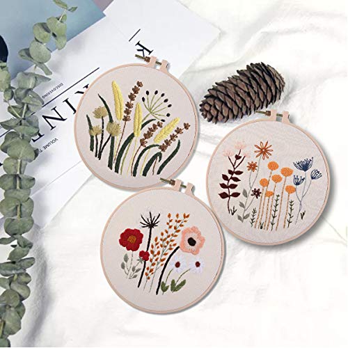 3 Sets Of Beginner Embroidery Kits With 3 Patterns And 6 Needles, Needlepoint Kits For Adults ,Including Embroidery Floss,3 Plastic Hoops And 3 Cotton Fabric #TOP1