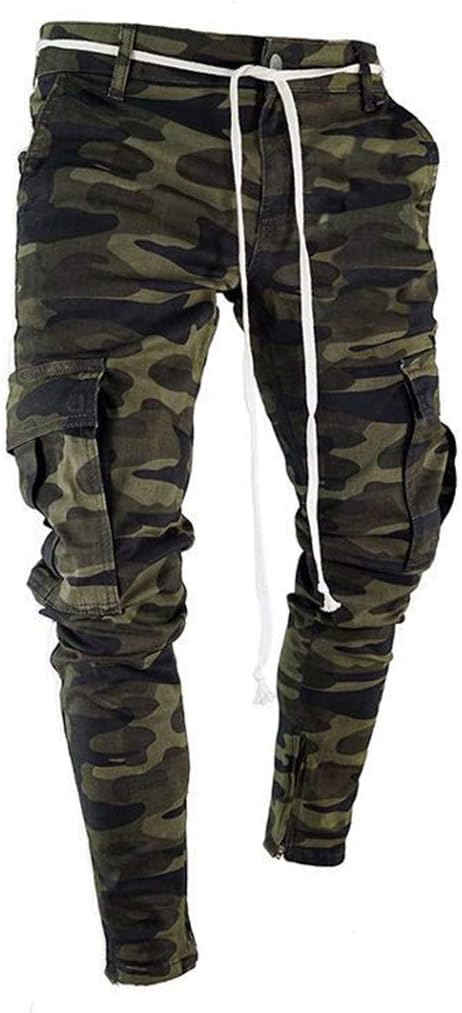 Yihaojia Men PantsMen Camouflage Skinny Fit Cargo Jeans Casual Jogger with Pocket Wild Cargo Pants