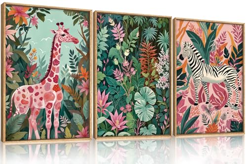 Aryroi Spring Boho Sage Green Pink Giraffe Zebra Jungle Framed