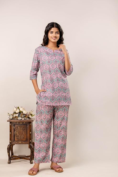 Image of Night Suit for Women Pure Cotton Printed Night Suit Top and Pyjama Set for Women's Night Dress of Shirt & Pyjama Set for Womens Night Dress for Woman