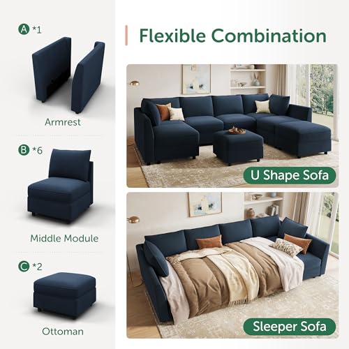 Image of HONBAY Modular Sectional Sofa Velvet Sleeper Couch with Storage,Dark Blue | Easy to assemble,Hidden Storage,Removable Cushion,Sectional Couches for Living Room,Pet-friendly Fabric