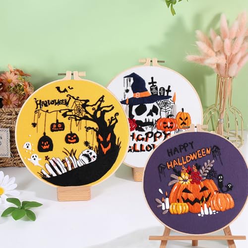 Image of Ohcol 3 Sets Halloween Embroidery Kit,Needlepoint Kits for Adults with Clear Instructions