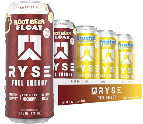 Image of RYSE Fuel Energy Drink - Variety Pack (6 Frosted Lemonade & 6 Root Beer Float) - Sugar Free - 200mg Natural Caffeine, New Formula to Supports Cognitive Health & Improves Focus - 16 fl oz (12-Pack)