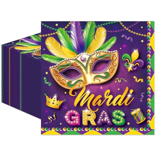 50Pcs Mardi Gras Napkins Mardi Gras Party Decorations Carnival New Orleans Masquerade Fat Tuesday Theme Party Supplies Disposable Drink Luncheon DinnerTable Decor Supplies Napkins 6.5 x 6.5