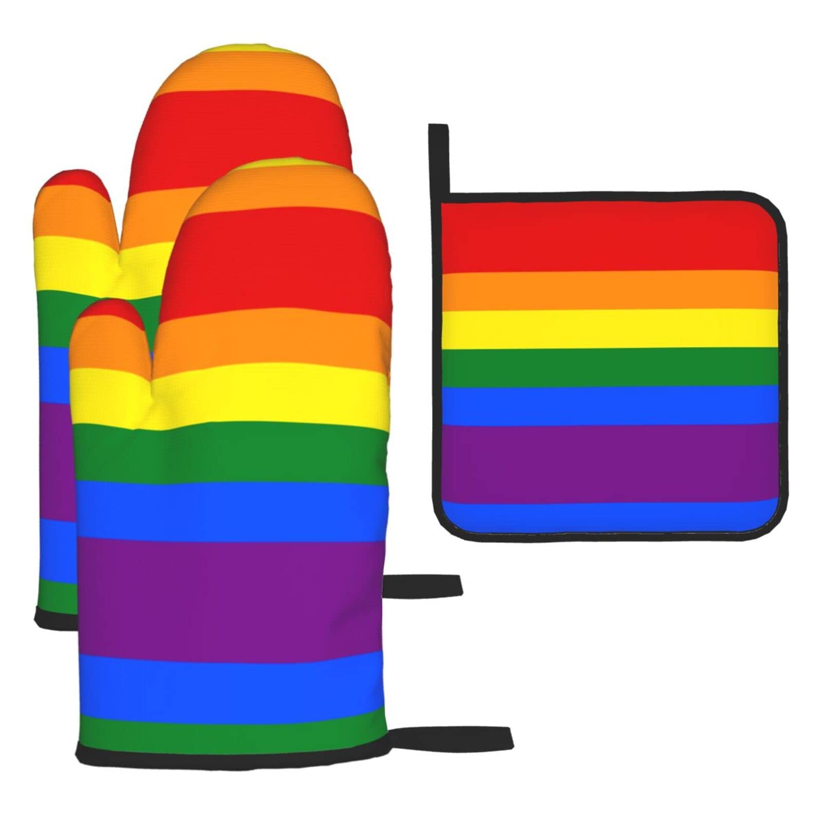 Rainbow Oven Mitts and Pot Holder Kitchen Set for Grilling, Cooking, Baking, Heat Resistant
