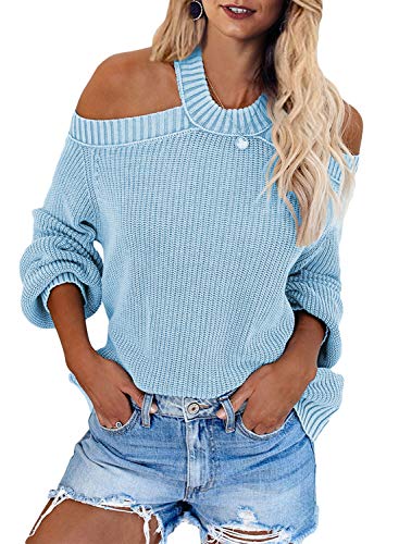 FARYSAYS Women's Autumn Winter Cold Shoulder Sweater Long Sleeve Back Cut Out Casual Loose Knitted Pullover Sweater Tops Blue Small