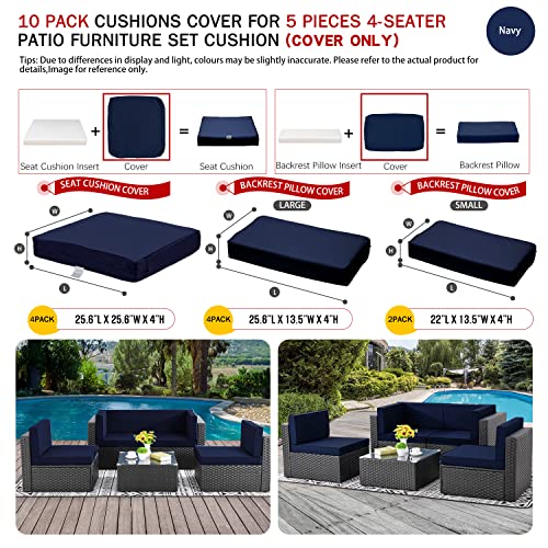 10 Pack Outdoor Patio Cushion Replacement Covers Fit For 5 Pieces 4-Seater Wicker Rattan Patio Furniture Conversation Set Sectional Sofa Cushions Pillow,Water-Resistant Fadeless,Navy-Covers Only #TOP1