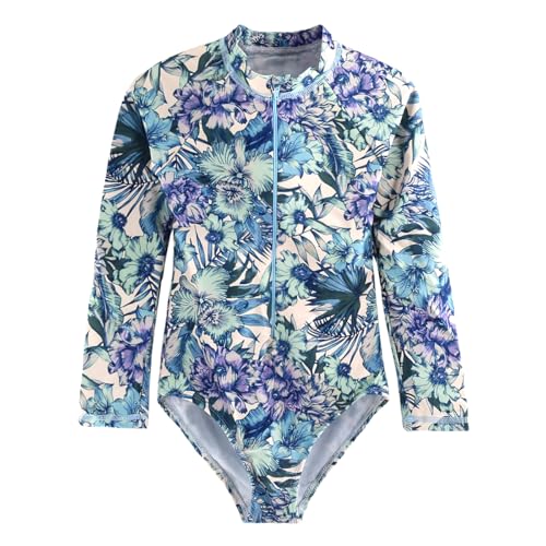Image of Kids Girls Rash Guard Long Sleeve One Piece Swimsuits Zipper Bathing Suits UPF 50+ Tropical Plant Flowers Ages 3-12