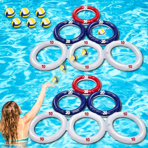 TURNMEON 2 Pack 4th of July Inflatable Pool Toys Games with Score, Triangle Floating Water Sports Pool Toys with 6 Colorful Tossing Balls for Boys Girls Adults Independence Day Party Carnival Parade