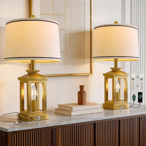 G-SAFAVA 24\" Table Lamps for Living Room Bedroom Modern Gold Bedside Lamps Set of 2 Nightstand Lamps for Night Stands 3 Way Dimmable Touch Lamp with USB C+A Ports and 2 Light Sources, 4 Bulbs Includes