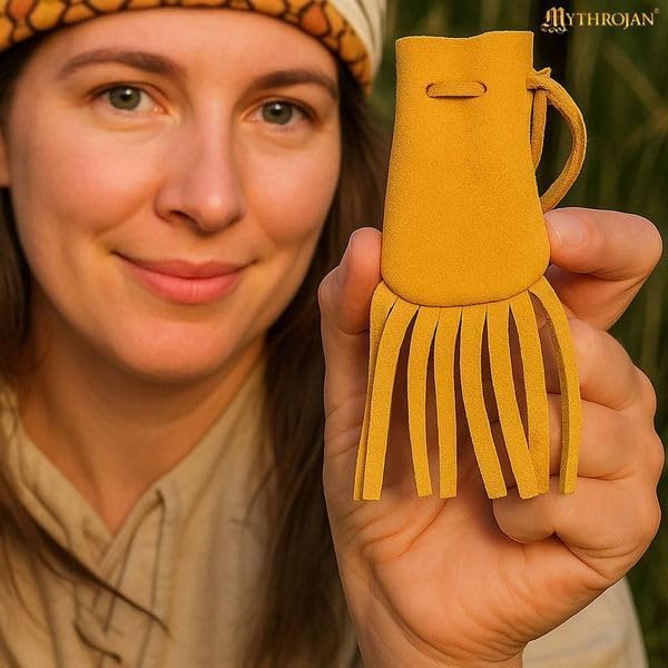 Image of Mythrojan Small Trinket Pouches Suede Leather Drawstring Coin & Dice Bags for LARP, SCA, Viking & Medieval Events Yellow- pack of 4