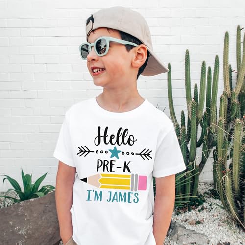 Hello Pre-K Personalized Shirts For Boys - Custom Name Back To School Pencil Pre Kindergarten Outfit - Cute Gift For First Day Of School Announcement - Natural Toddler & Youth T-Shirt4