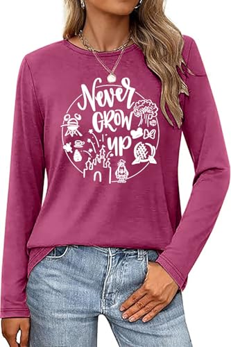 Never Grow Up Shirts for Women Funny Graphic Top Long Sleeve Holiday Vacation Trip Tee Burgundy XXL