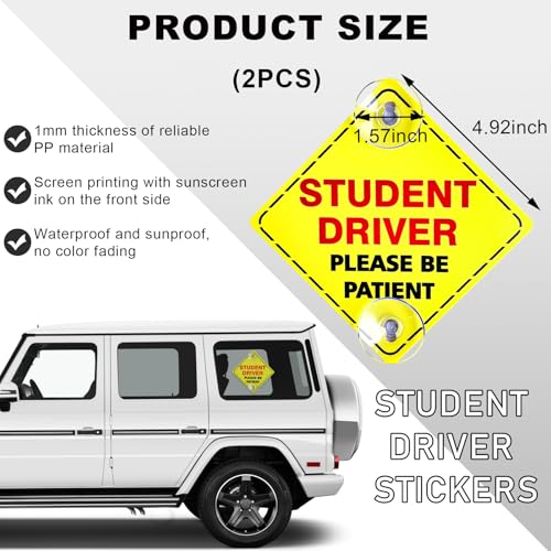 Image of Wevdn 2 PCS Student Driver Sign for Car Window, 5 inchx5 inch Please Be Patient New Driver Sticker with Suction Cups, Car Accessories (Red)